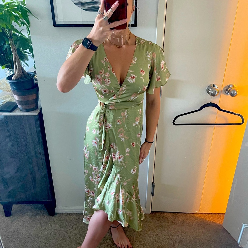 Green floral silk wrap dress